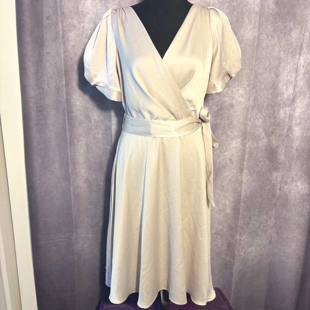 NEW DKNY Faux Wrap Midi Dress Womens Sz 10 Champagne Quiet Elegance Minimalist
